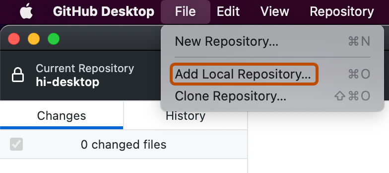 Mac의 메뉴 모음 스크린샷. "File" 드롭다운 메뉴가 열려 있고 "Add Local Repository"라는 레이블이 지정된 옵션이 주황색 윤곽선으로 표시됩니다.