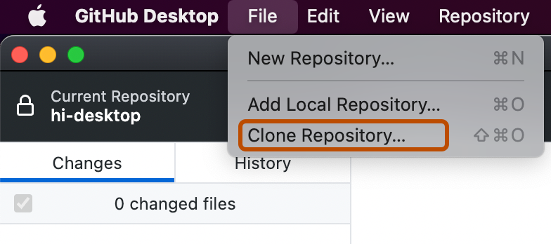 Captura de tela da barra de menus no Mac. O menu suspenso "Arquivo" é expandido e a opção "Clonar Repositório" está realçada com um contorno laranja.