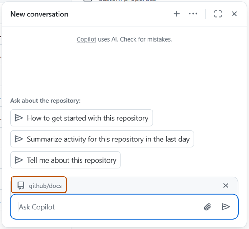 Screenshot of the Copilot chat panel opened inside a repository. The specified repository is highlighted with a dark orange outline.