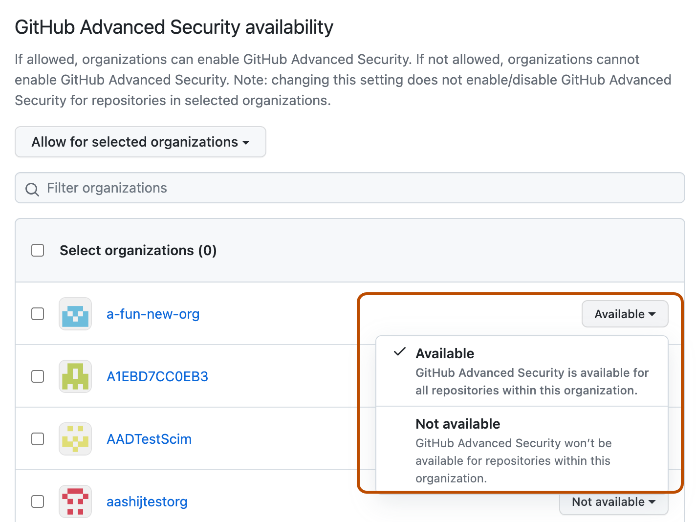 Enterprise で選択されている organization に対する Advanced Security ポリシーを選ぶためのドロップダウン メニューのスクリーンショット。 ドロップダウンが枠線で囲まれています。