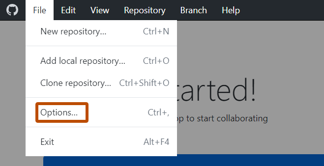 Windows의 "GitHub Desktop" 메뉴 모음 스크린샷. 확장된 "File" 드롭다운 메뉴에서 "Options" 항목이 주황색 윤곽선으로 표시됩니다.