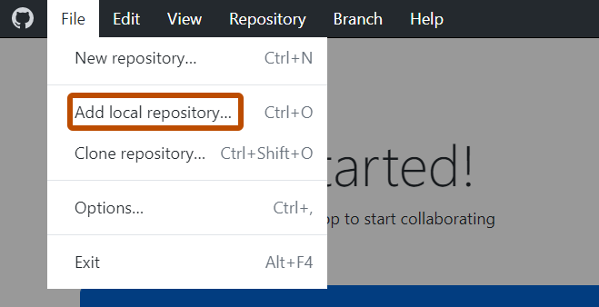 Screenshot of the menu bar on Windows. The "File" dropdown menu is open, and an option labeled "Add local repository" is outlined in orange.