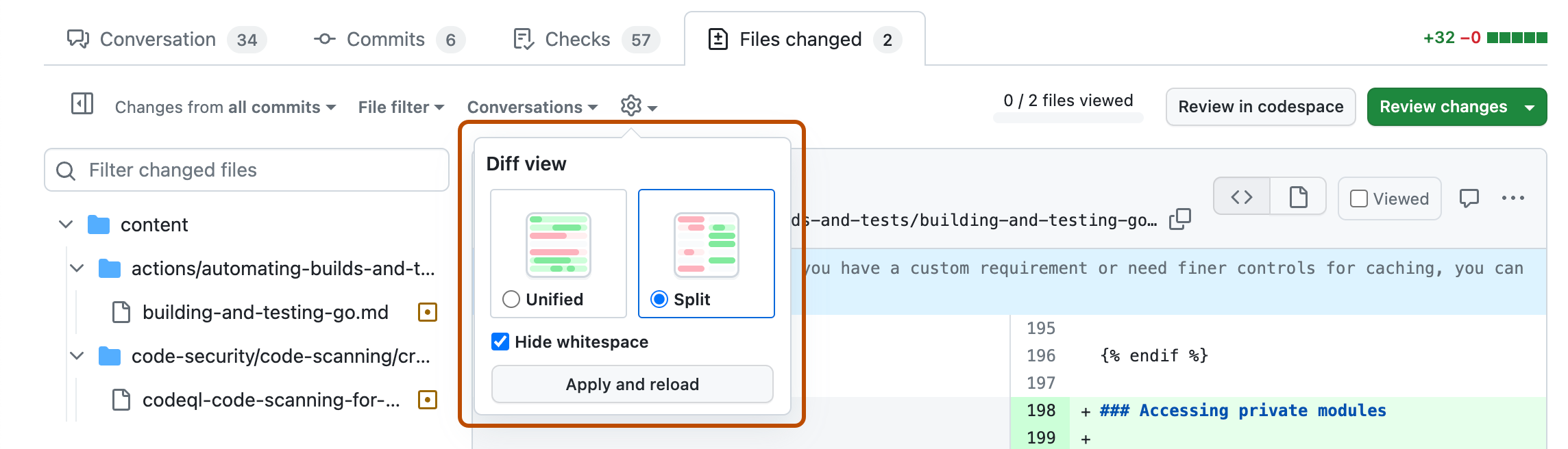 pull request の [変更されたファイル] タブのスクリーンショット。 "差分ビュー" が濃いオレンジ色の枠線で囲まれています。