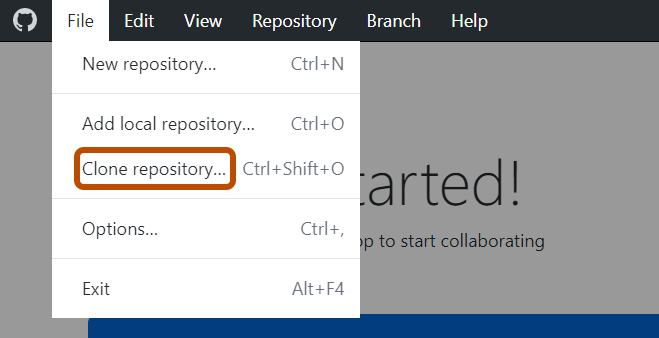 Captura de pantalla de la barra de menús "Escritorio de GitHub" en un equipo Windows. El menú desplegable "Archivo" se expande y la opción "Clonar repositorio" está resaltada en naranja.