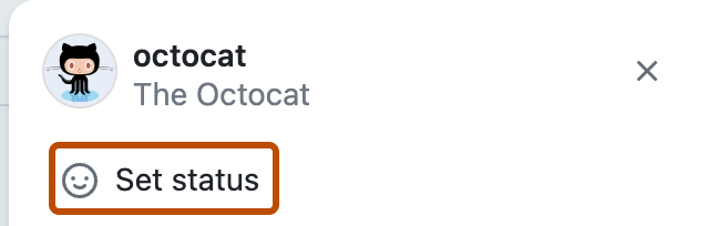 Screenshot des Dropdownmenüs unter dem Profilbild von @octocat. Ein Smileysymbol und „Status festlegen“ sind in dunklem Orange eingerahmt.