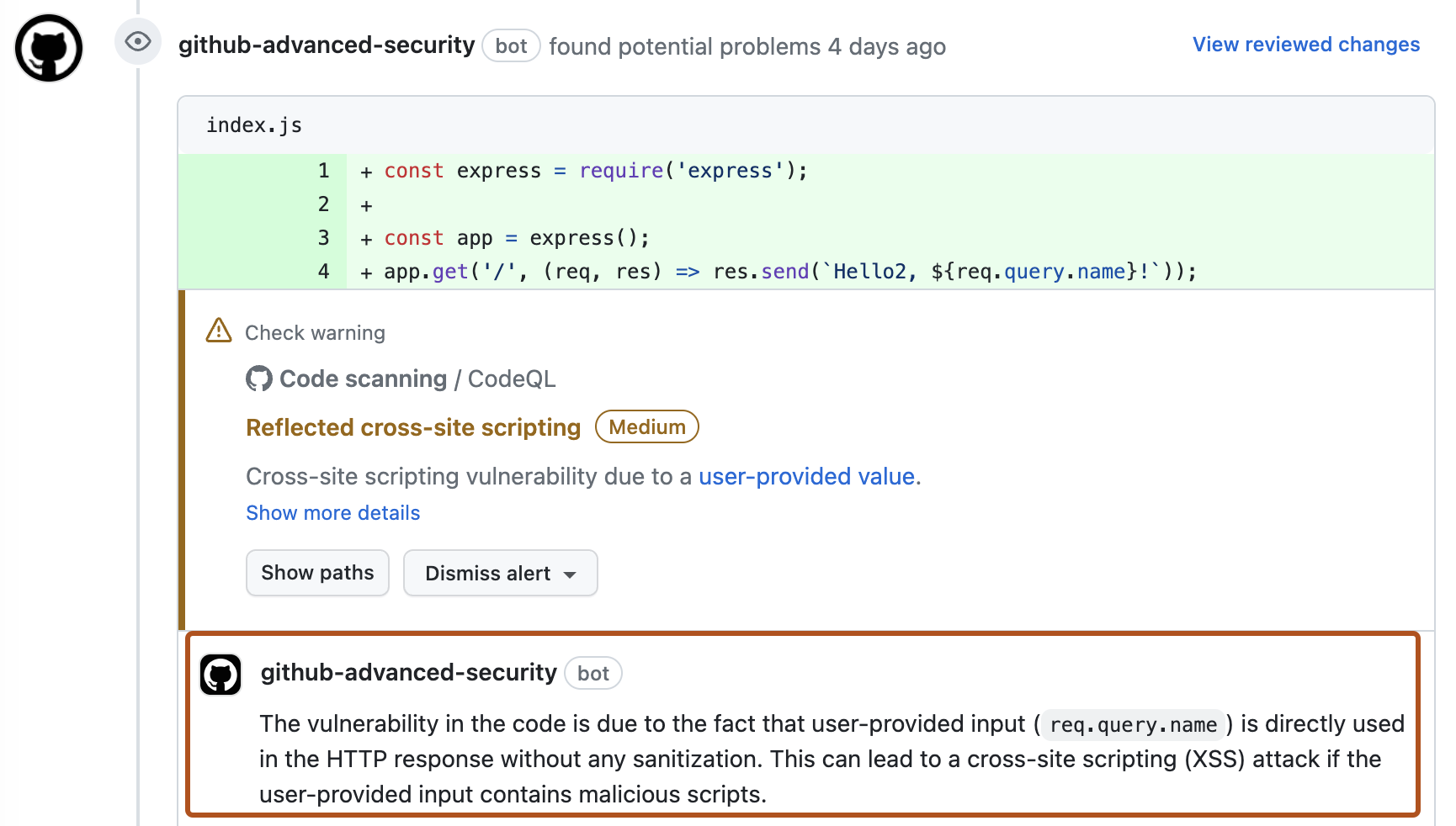 Снимок экрана: сбой проверки для оповещения code scanning в запросе на вытягивание. Часть предложения autofix описана в темно-оранжевый цвет.