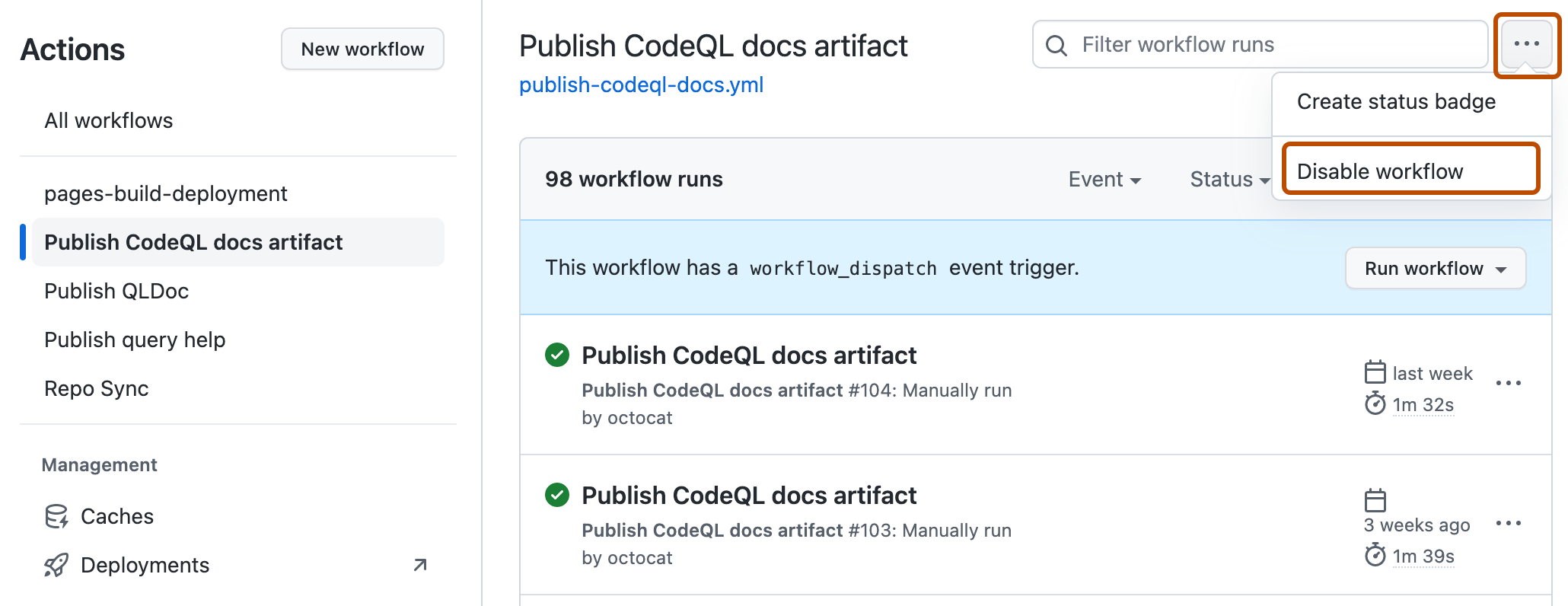 Captura de tela de um fluxo de trabalho. O botão "Show workflow options", mostrado com um ícone de kebab, e o item de menu "Disable workflow" estão contornados em laranja.