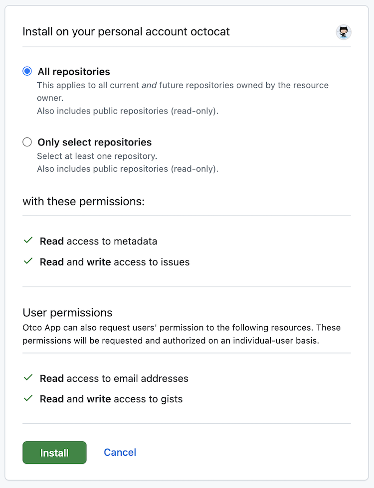 Screenshot of the page to install a GitHub App. The app requests read access to metadata and write access to issues.