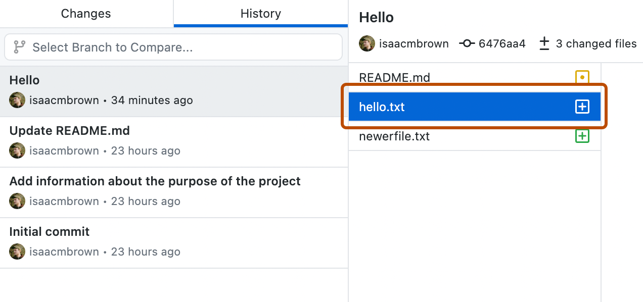 Screenshot of a commit view. To the right of the "History" tab, the "hello.txt" file is selected from a list and highlighted with an orange outline.