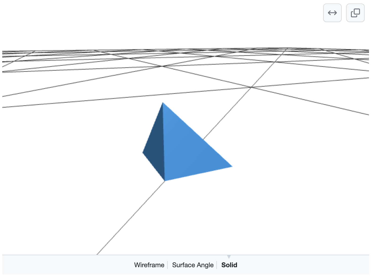 Captura de pantalla de un modelo 3D de una pirámide azul sobre una cuadrícula de líneas negras. Las opciones "Wireframe" (Retícula), "Surface Angle" (Ángulo de superficie) o "Solid" (Sólido) aparecen en la parte inferior.