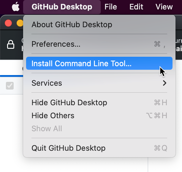 Screenshot of the menu bar on a Mac. Under the "GitHub Desktop" dropdown menu, the option "Install command line tool" is highlighted in blue.