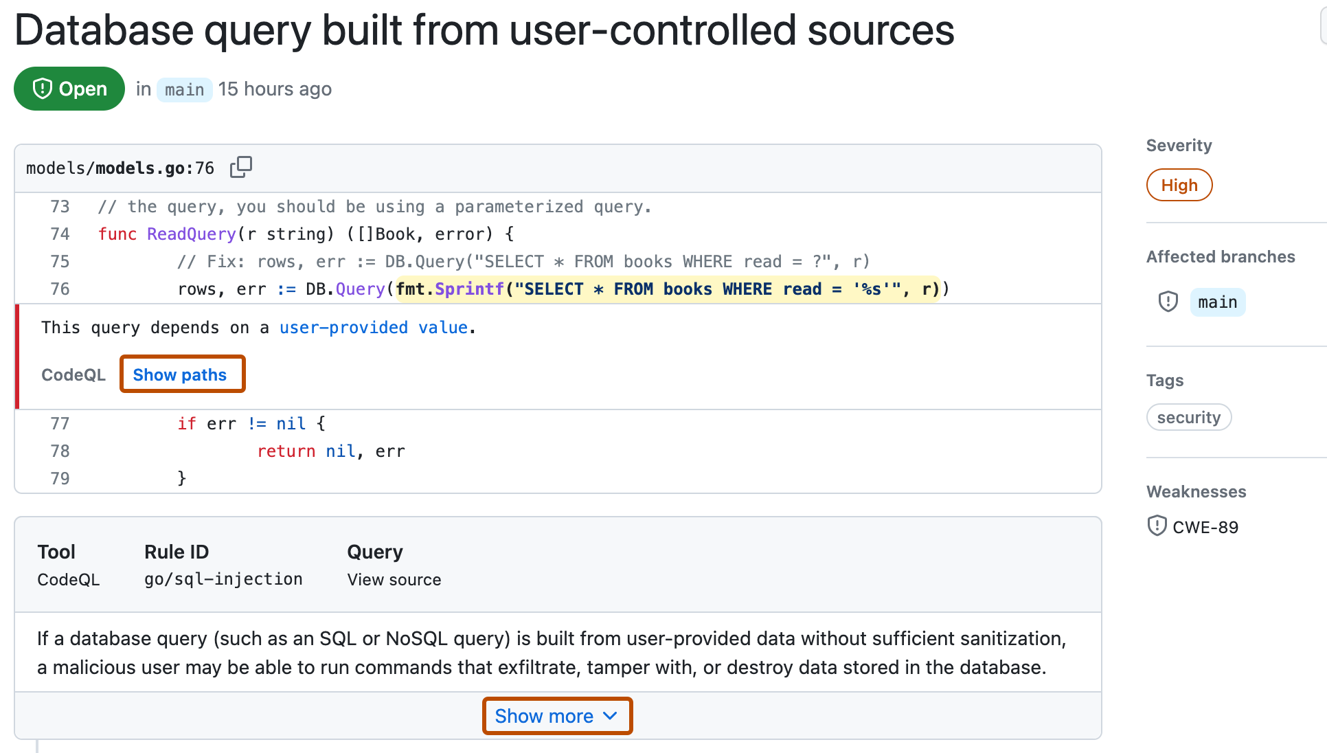 code scanning 警报的屏幕截图。 “显示路径”和“显示更多”链接以深橙色标出。