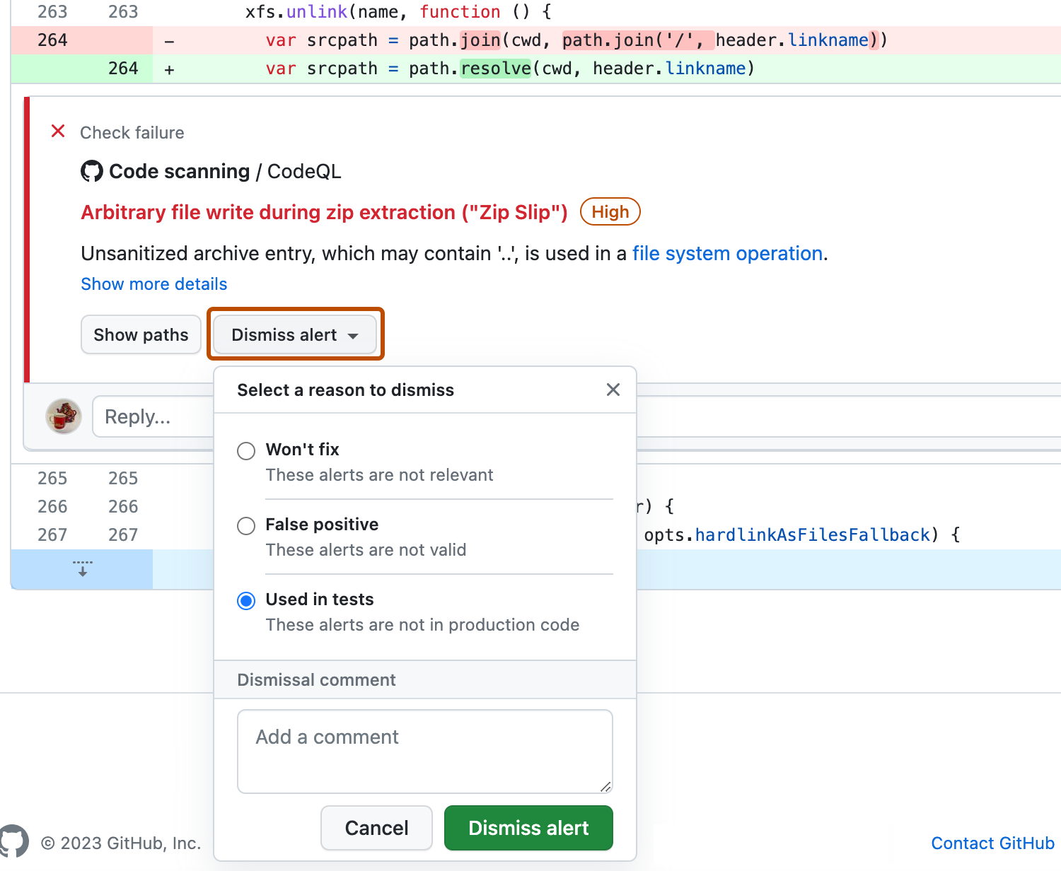 Screenshot of an alert check failure. The "Dismiss alert" button is highlighted in dark orange and the dismiss drop-down displayed. 