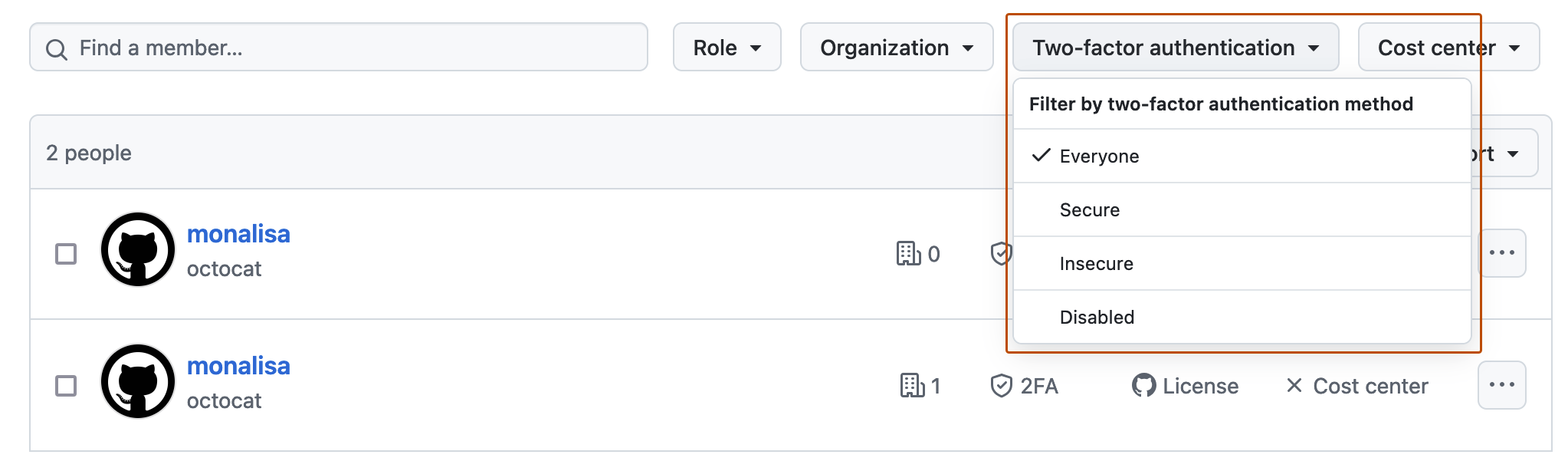 Screenshot of the list of enterprise members. A dropdown menu, labeled "Two-factor authentication", is expanded and outlined in orange.