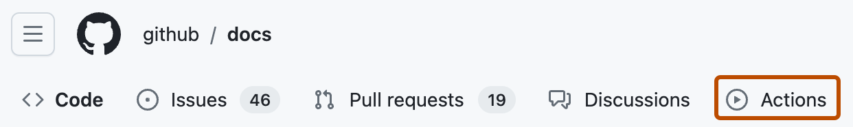 Screenshot: Registerkarten für das Repository „github/docs“. Die Registerkarte „Aktionen“ ist mit einem orangefarbenen Rahmen hervorgehoben.