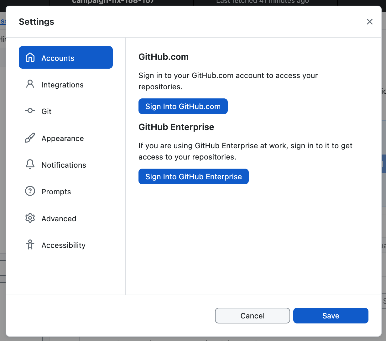 Recorte de pantalla del panel "Accounts" en la ventana "Settings". Se muestran los botones azules con la etiqueta "Sign Into GitHub.com" y "Sign Into GitHub Enterprise".