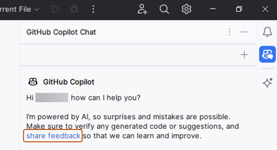 GitHub Copilot Chat ウィンドウの [フィードバックの共有] リンクのスクリーンショット。