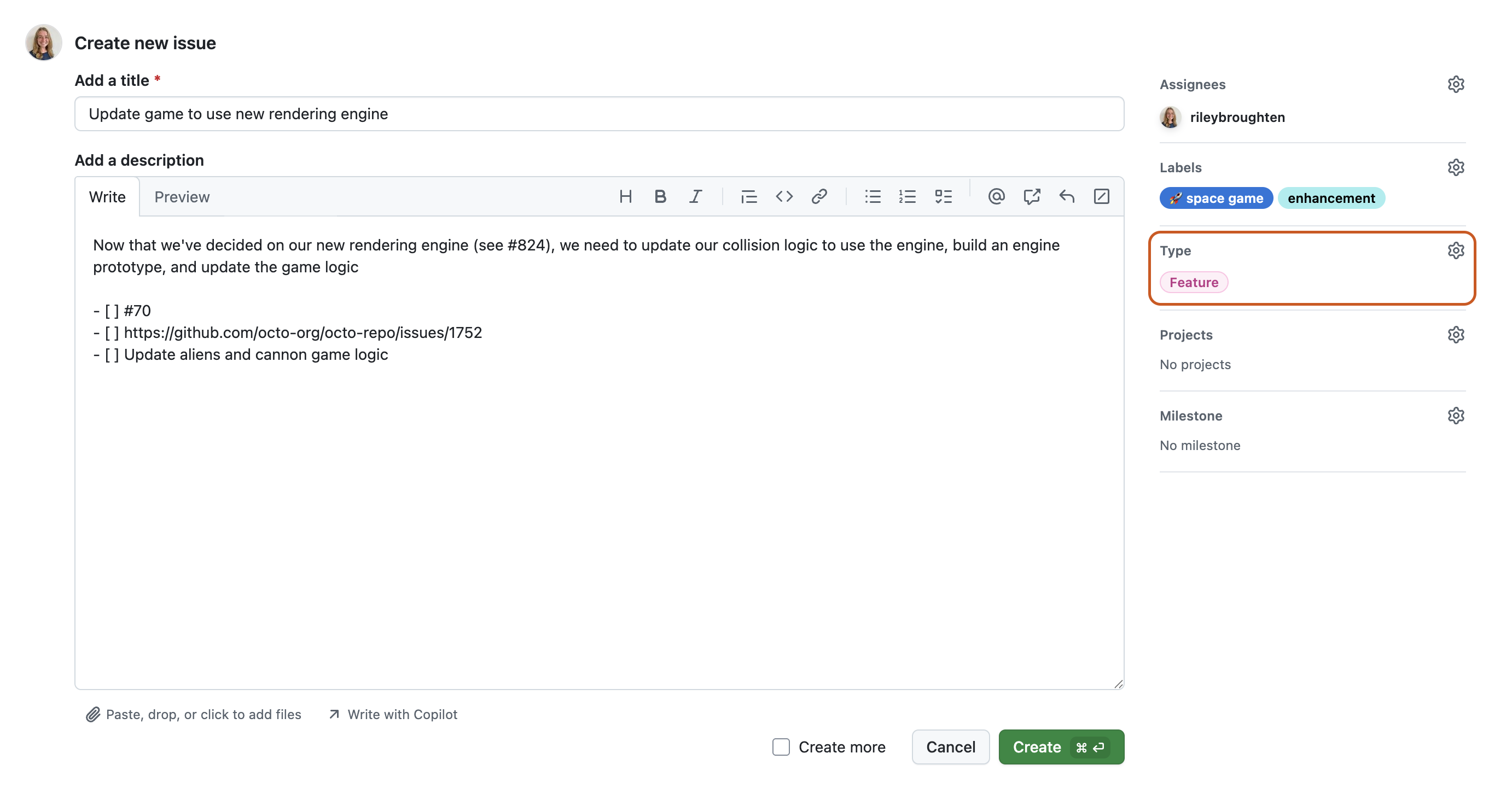 Captura de pantalla del nuevo formulario de incidencias. En la barra lateral de la derecha, la sección "Type" aparece resaltada en color naranja oscuro.