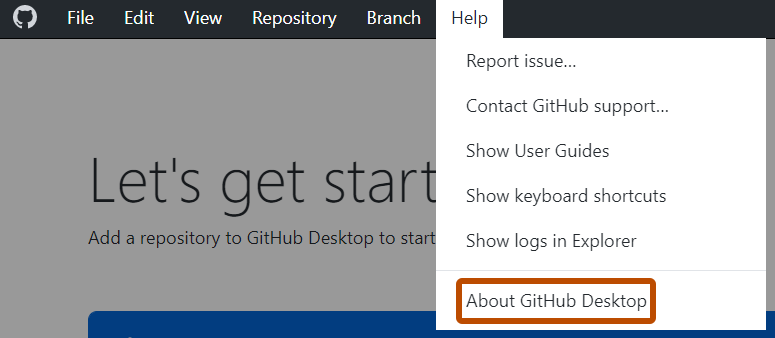 Windows 上的“GitHub Desktop”菜单栏的屏幕截图。 在打开的“帮助”下拉菜单中，“关于 GitHub Desktop”选项以橙色边框显示。