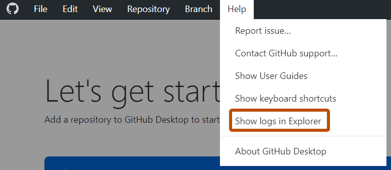 Captura de pantalla de la barra de menús "Escritorio de GitHub" en un equipo Windows. En el menú desplegable "Help" expandido, aparece "Show Logs in Explorer" resaltado en naranja.