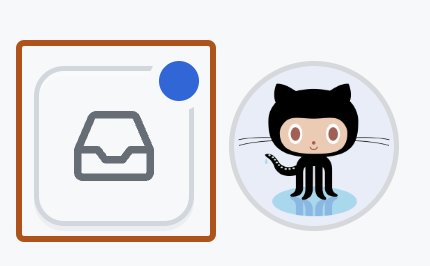 GitHub 머리글의 오른쪽 모서리 스크린샷. 받은 편지함 아이콘에는 읽지 않은 알림이 있음을 나타내는 파란색 점이 있습니다.