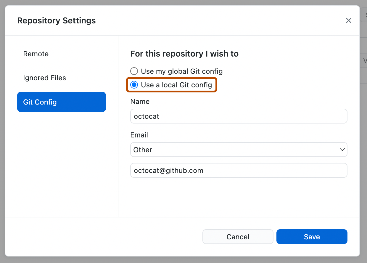 Screenshot of the "Git Config" pane in the "Repository Settings" window. The "Use a local Git config" radio button is selected and outlined in orange.