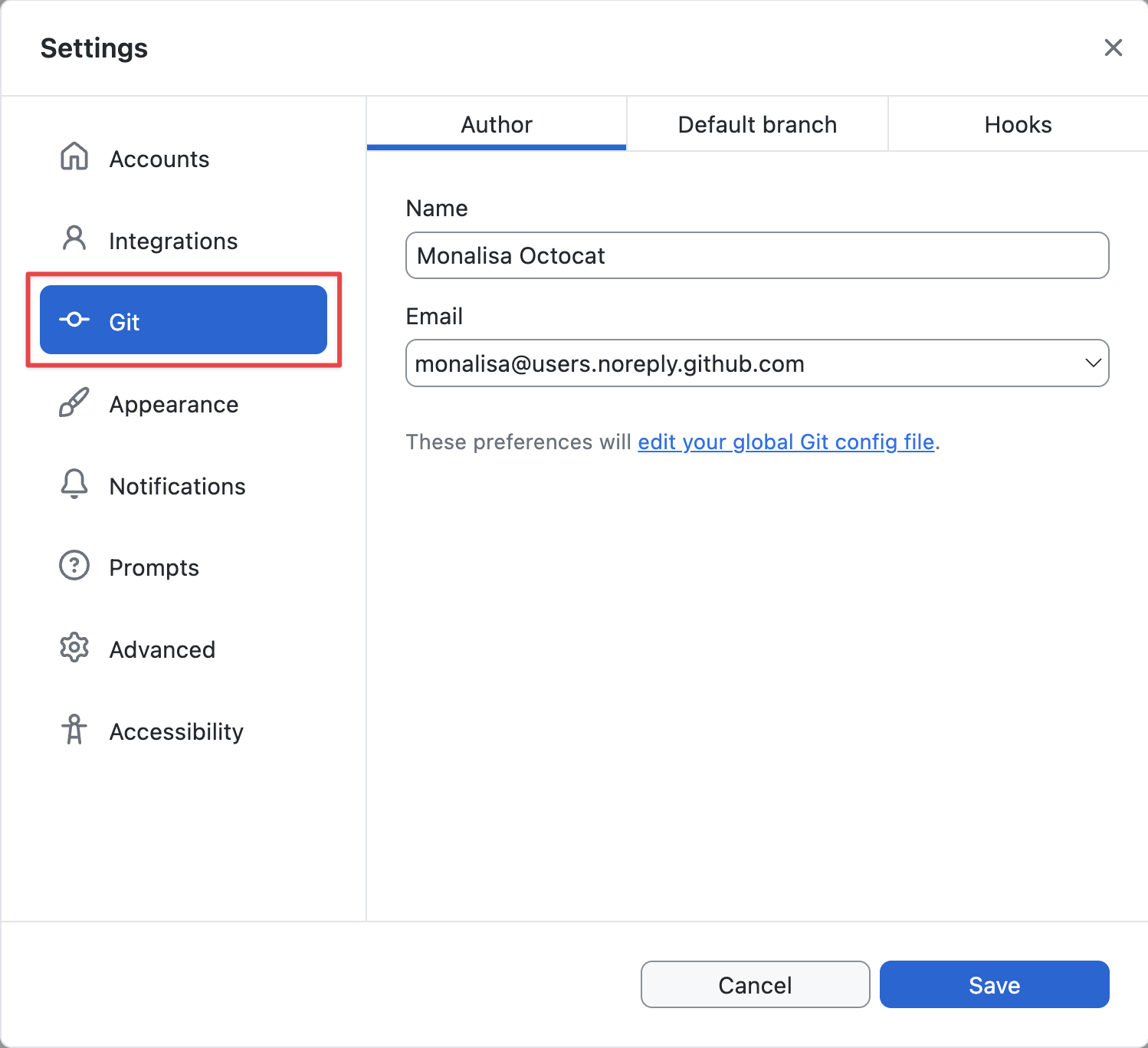 "기본 설정" 창의 "Git" 창 스크린샷 왼쪽 사이드바의 "Git" 레이블이 지정된 옵션이 파란색으로 강조 표시되고 주황색으로 표시됩니다.