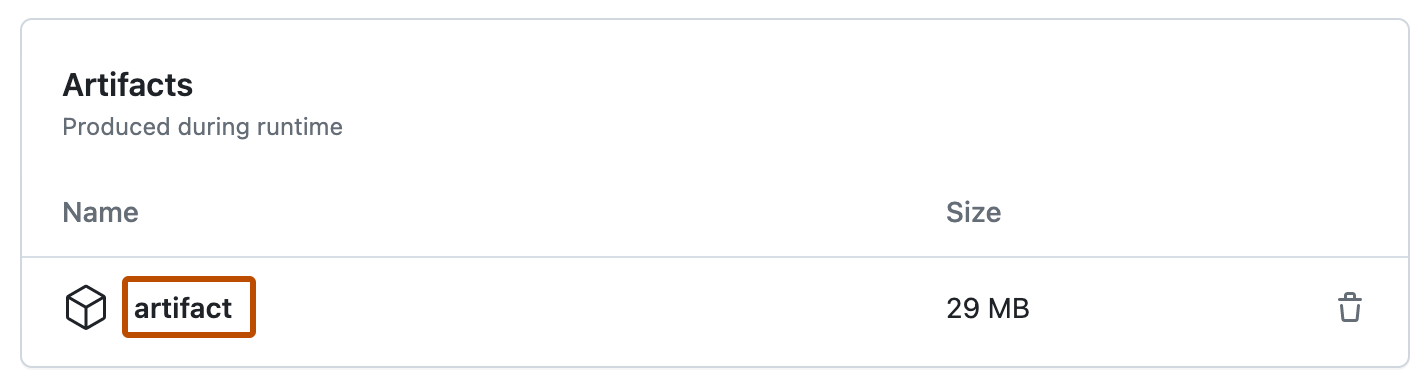 Captura de pantalla de la sección "Artefactos" de una ejecución de flujo de trabajo. El nombre de un artefacto generado por la ejecución, "artefacto", se resalta en naranja.