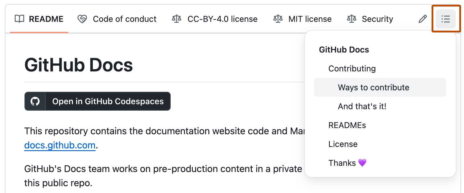 README 文件的屏幕截图，其中公开了目录的下拉菜单。 目录图标以深橙色框出。