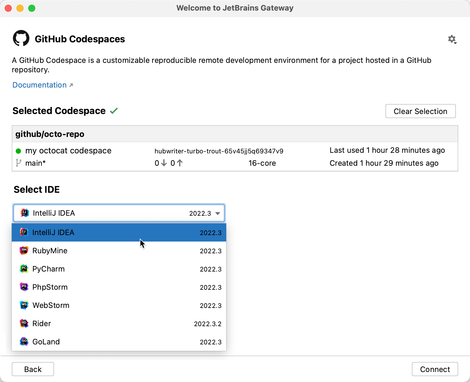 JetBrains Gateway の [IDE の選択] ドロップダウン リストのスクリーンショット。 マウス ポインターが [IntelliJ IDEA] を指しています。