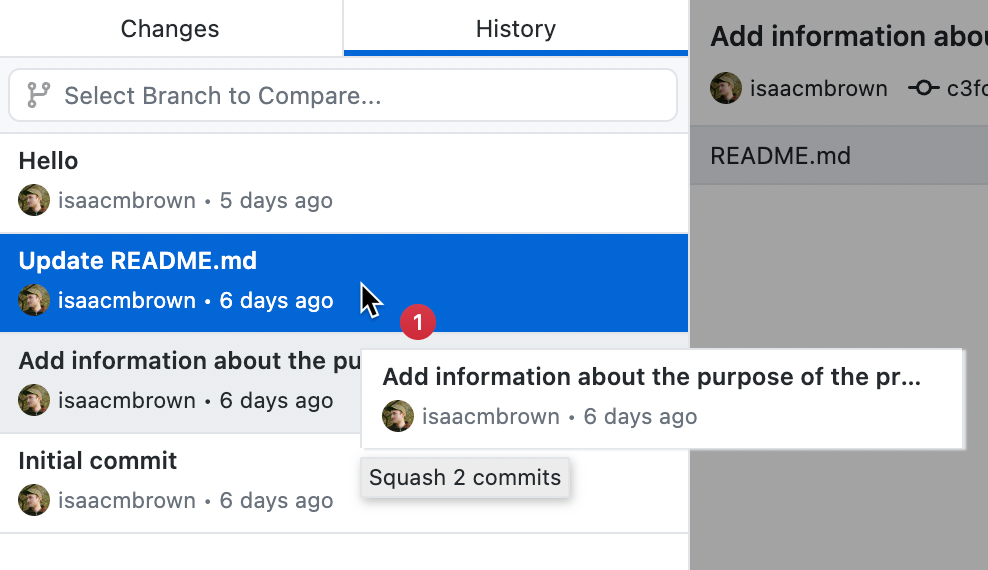 Screenshot of a list of commits in the "History" tab. The cursor hovers over a commit, highlighted in blue. A hover-over box shows "Squash 2 commits".