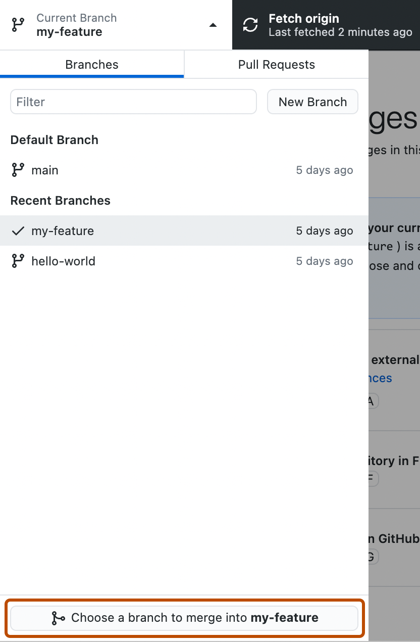 Captura de tela da exibição suspensa "Branch Atual". Abaixo de uma lista de branches, um botão "Choose a branch to merge into my-feature" está contornado em laranja.