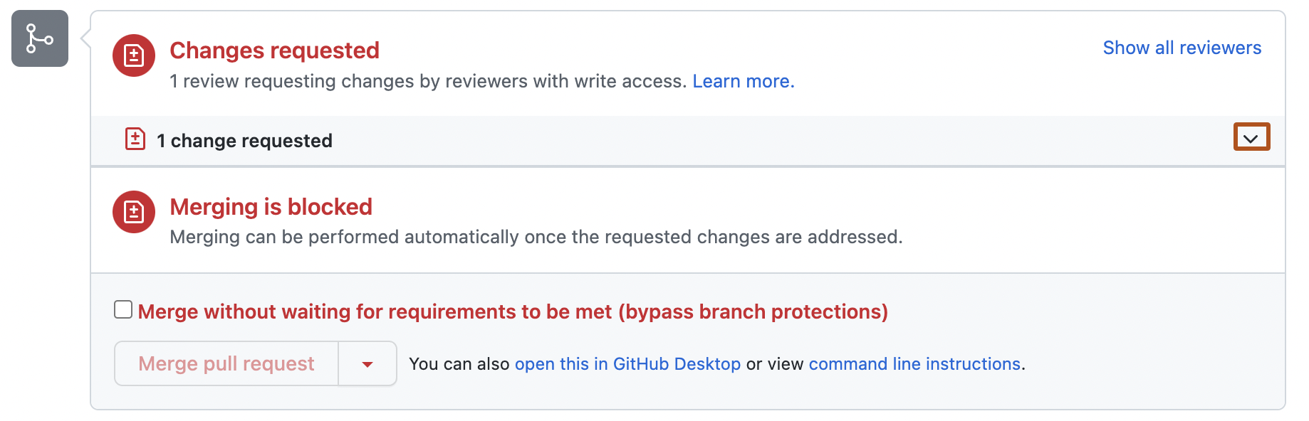 Screenshot of the merge box for a pull request. The chevron icon to see the reviews is outlined in dark orange.