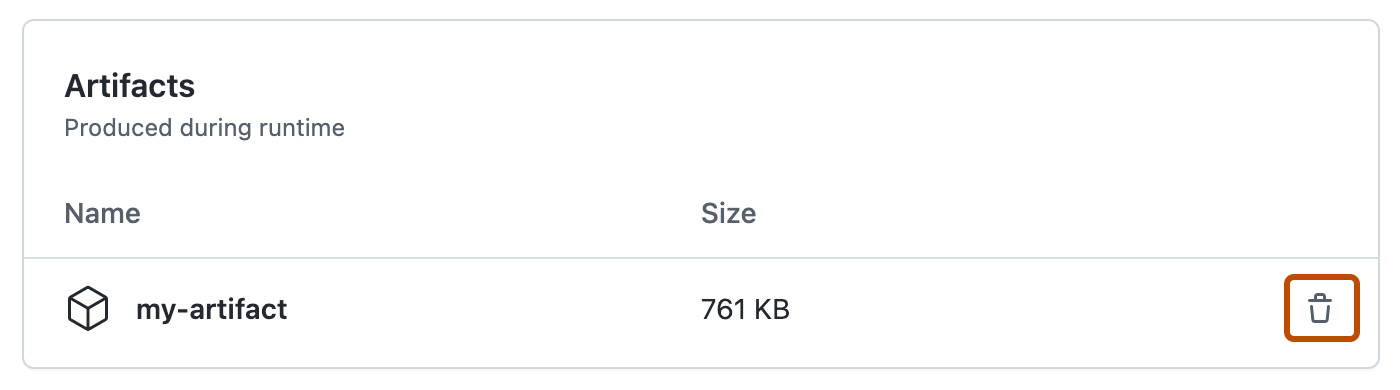 Captura de pantalla que muestra los artefactos creados durante una ejecución de flujo de trabajo. Un icono de papelera, que se usa para quitar un artefacto, se describe en naranja oscuro.