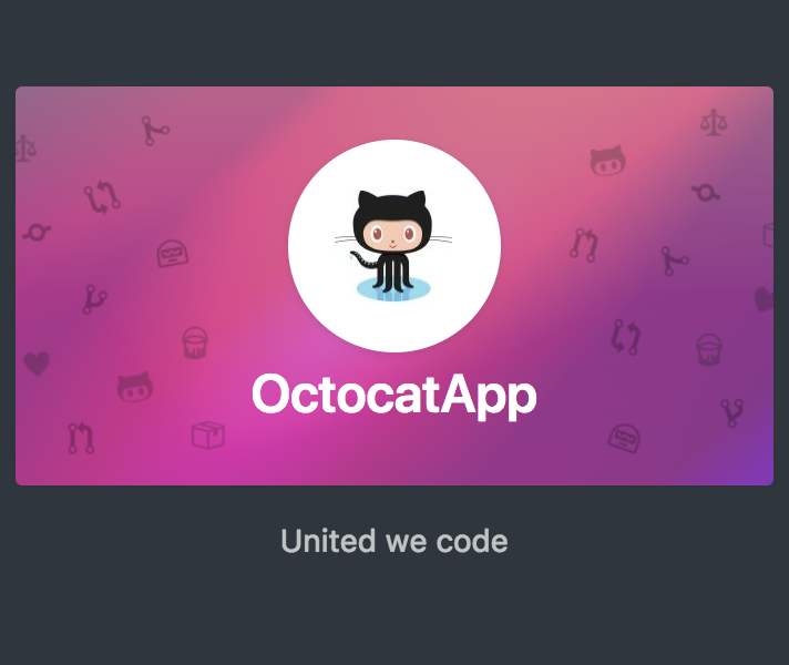 Screenshot of a feature card for OctocatApp. The app's name and an icon of Mona are displayed on a pink background, above the text "United we code."