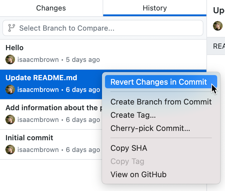 [History] タブでのコミットの一覧のスクリーンショット。カーソルはコンテキスト メニューの [Revert Changes in Commit] オプションをポイントしています。