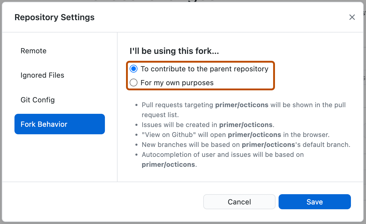 Screenshot of the "Fork Behavior" pane. Two radio buttons, "To contribute to the parent repository" and "For my own purposes", are outlined in orange.