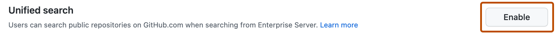 Captura de tela da opção "Unified search" para repositórios públicos. O botão "Enable" está contornado em laranja.