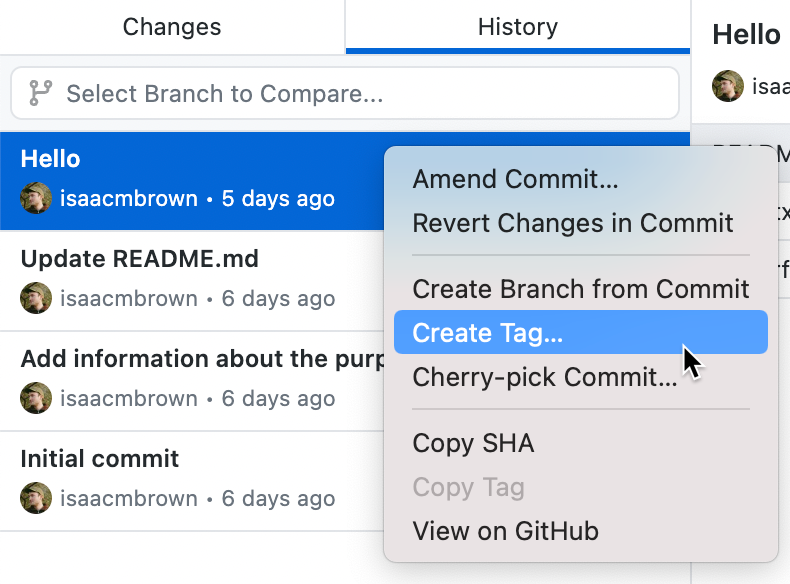 [履歴] タブのコミット一覧のスクリーンショット。コミットの横のコンテキスト メニューで、[タグの作成] オプションにカーソルが置かれています。