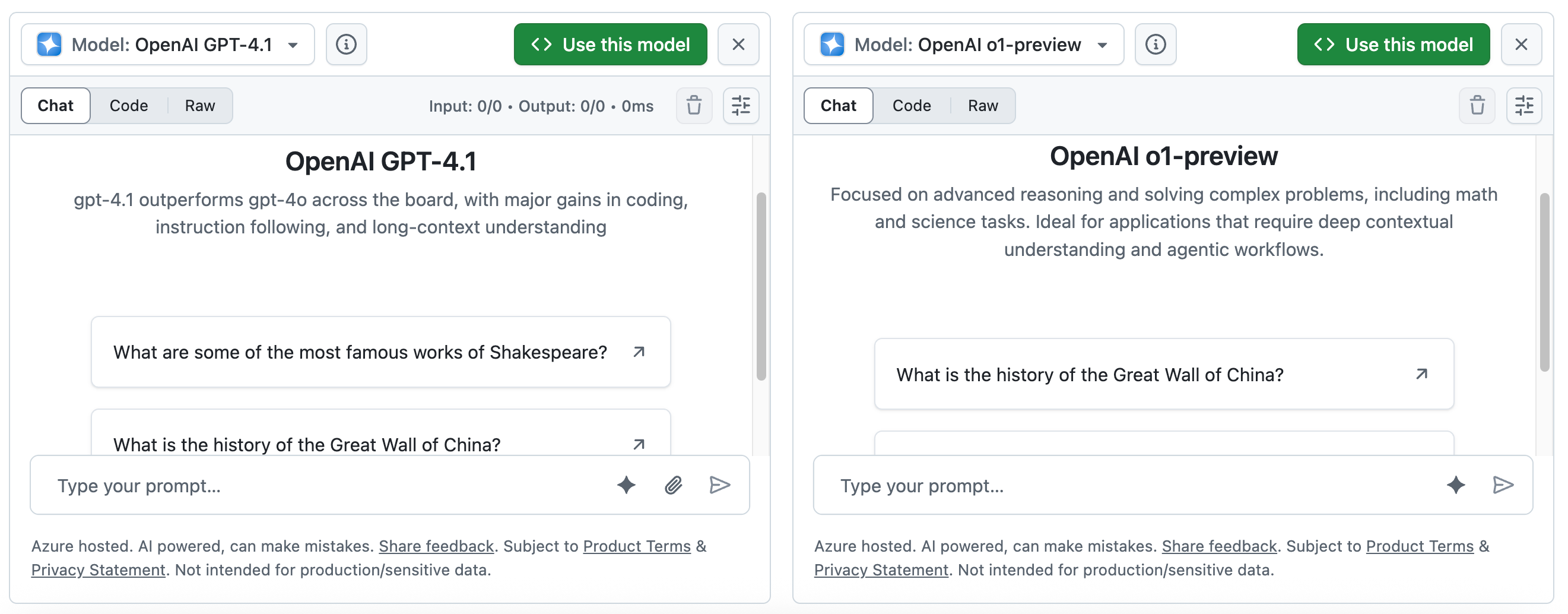 Captura de tela do playground do GitHub Models, com janelas para enviar prompts para dois modelos lado a lado.