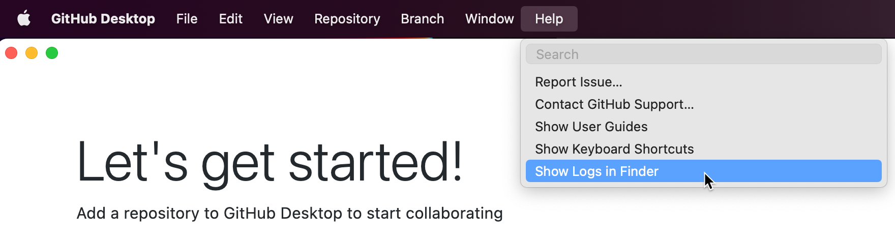 Captura de pantalla de la barra de menús "Escritorio de GitHub" en un equipo Mac. En el menú desplegable "Help" expandido, aparece "Show Logs in Finder" resaltado en azul.