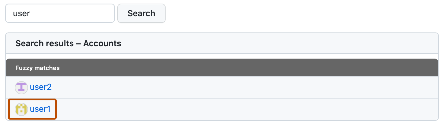 Captura de tela dos resultados da pesquisa "Contas". Na lista de correspondências, "user1" está realçado com um contorno laranja.