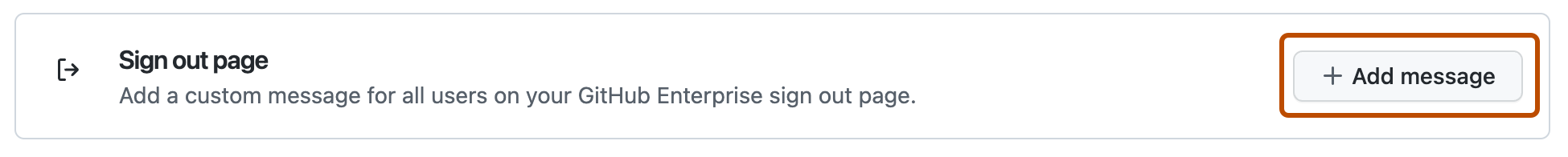 Screenshot of the "Sign out page" section of the "Messages" settings. A button, labeled with a plus icon and "Add message," is outlined.