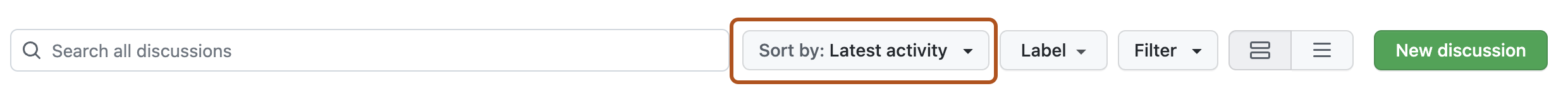 Screenshot of a row of buttons for sorting discussions. A button labeled "Sort by: Latest activity" is highlighted with an orange outline.