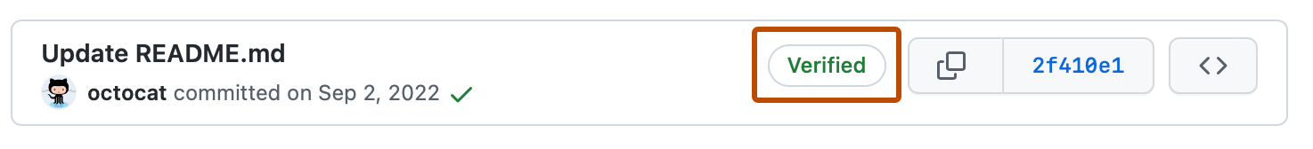 Screenshot of a commit in the commit list for a repository. "Verified" is highlighted with an orange outline.