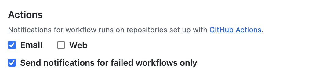 Screenshot of the "Actions" section of "Notification settings" with checkboxes: "Email", "Web", and "Send notifications for failed workflows only."