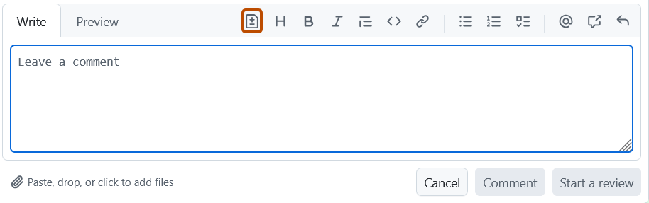 Screenshot of a review comment box. The file diff icon to suggest a specific change is outlined in dark orange.