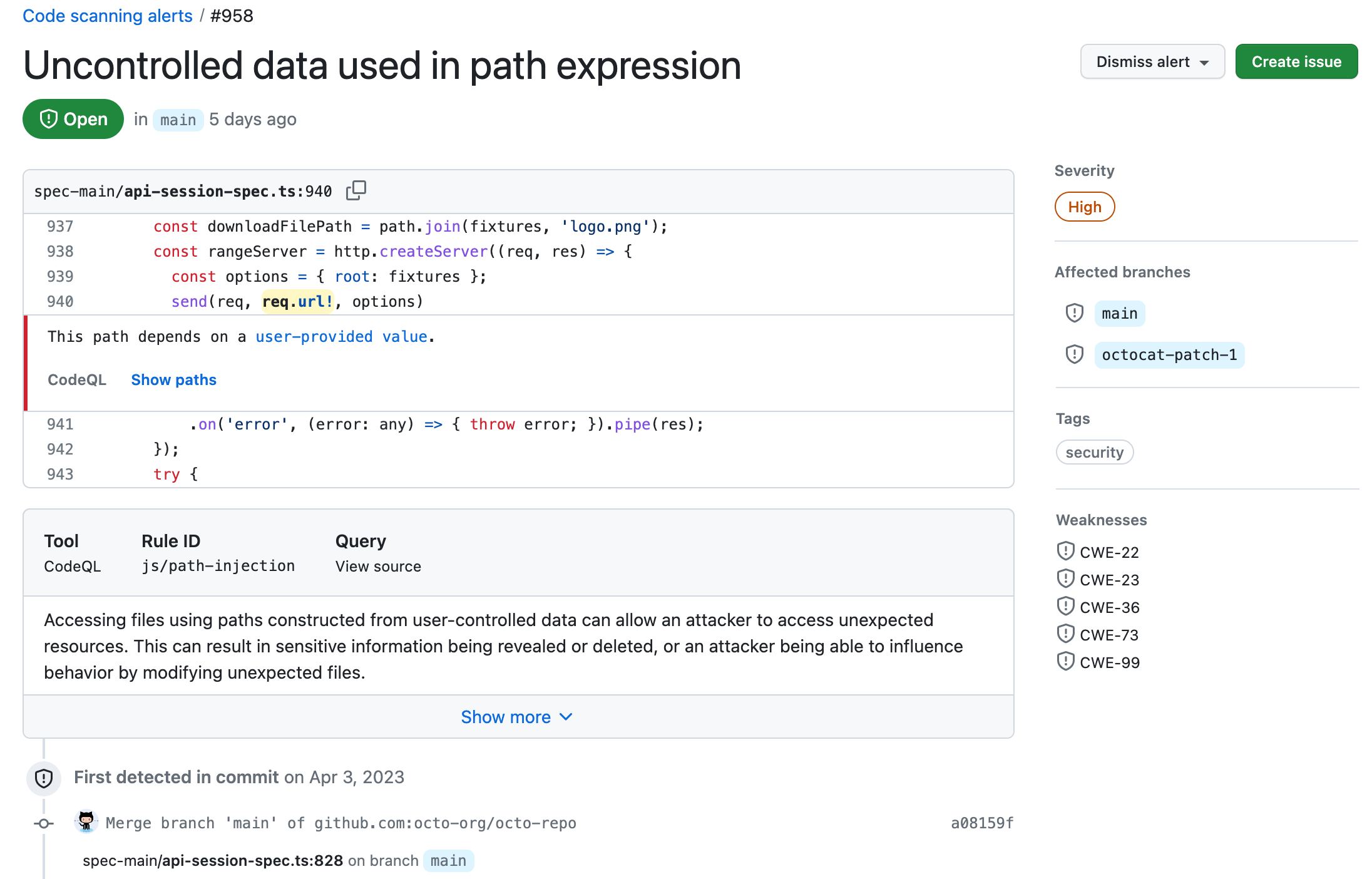 Screenshot: code scanning-Warnung mit Warnungstitel, relevanten Codezeilen links und Metadaten rechts