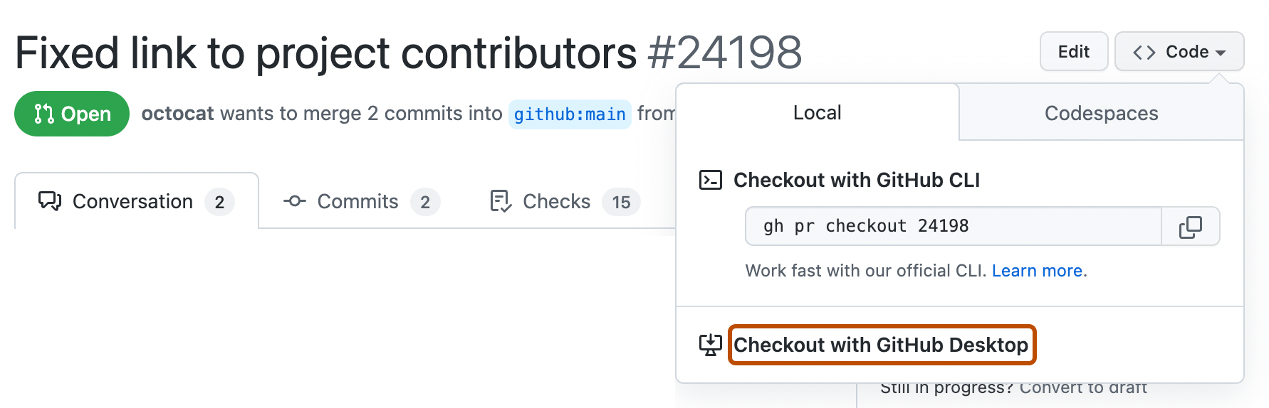 Capture d’écran d’une demande de tirage (pull request) sur GitHub. Le menu déroulant « Code » est développé et le bouton « Checkout with GitHub Desktop » est souligné en orange.