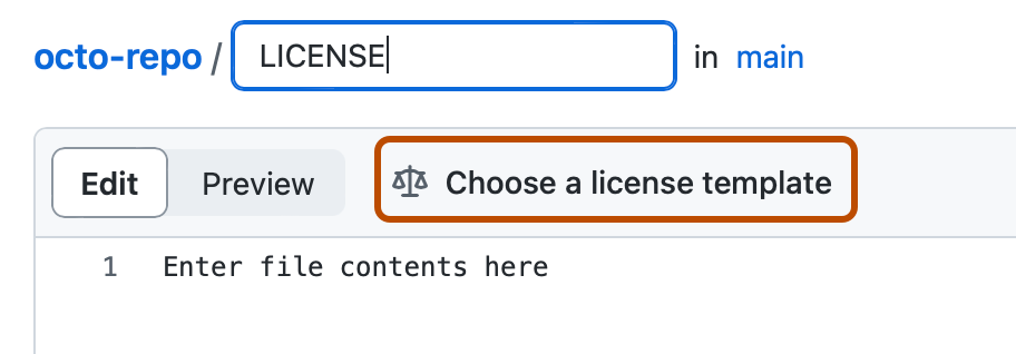 Screenshot des neuen Dateiformulars, in dem „LICENSE“ in das Feld „Dateiname“ eingegeben wurde. Die Schaltfläche „Choose a license template“ ist dunkelorange umrandet.